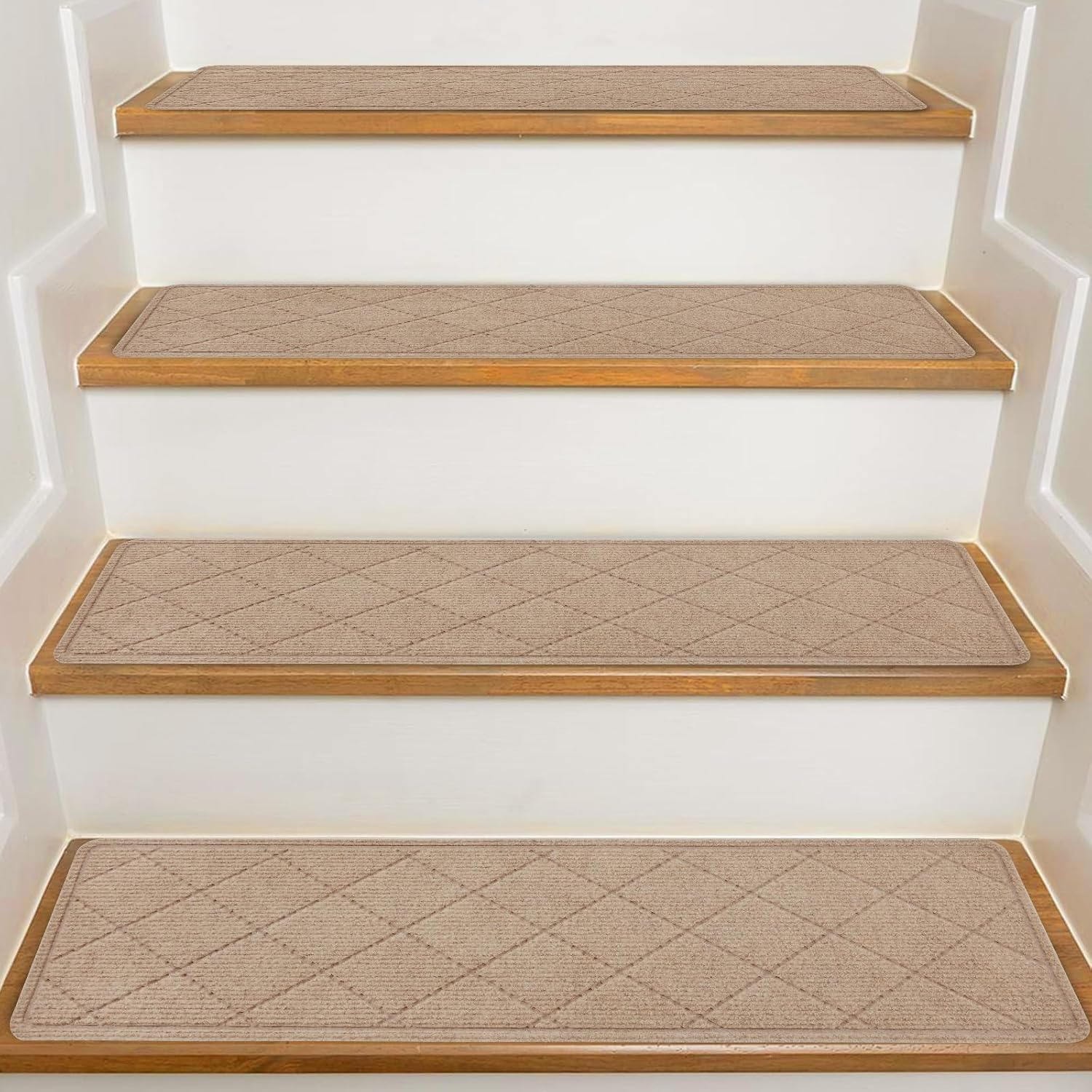 Stair Treads for Wooden Steps Indoor, 7 Pack 8" X 30" Non Slip Carpet Stair Treads with Reusable Adhesive for Kids Elders and Dogs, Surface Polyester TPR Backing Stair Runner Rugs, Beige