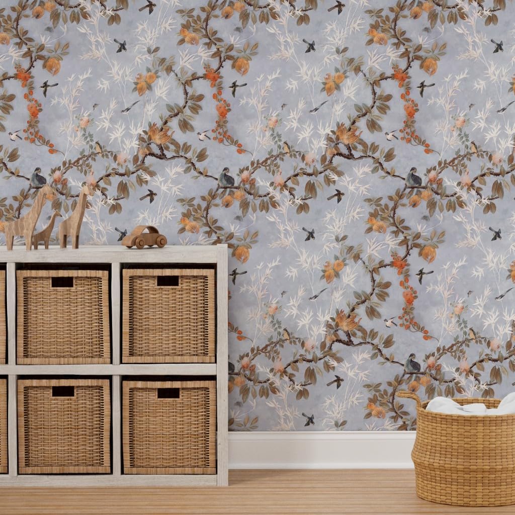 Spoonflower Removable Wallpaper 12ft x 2ft - Chinoiserie Vintage Dusty Blue Sky Floral Birds Chinese Antique Custom Pre-Pasted Wallpaper