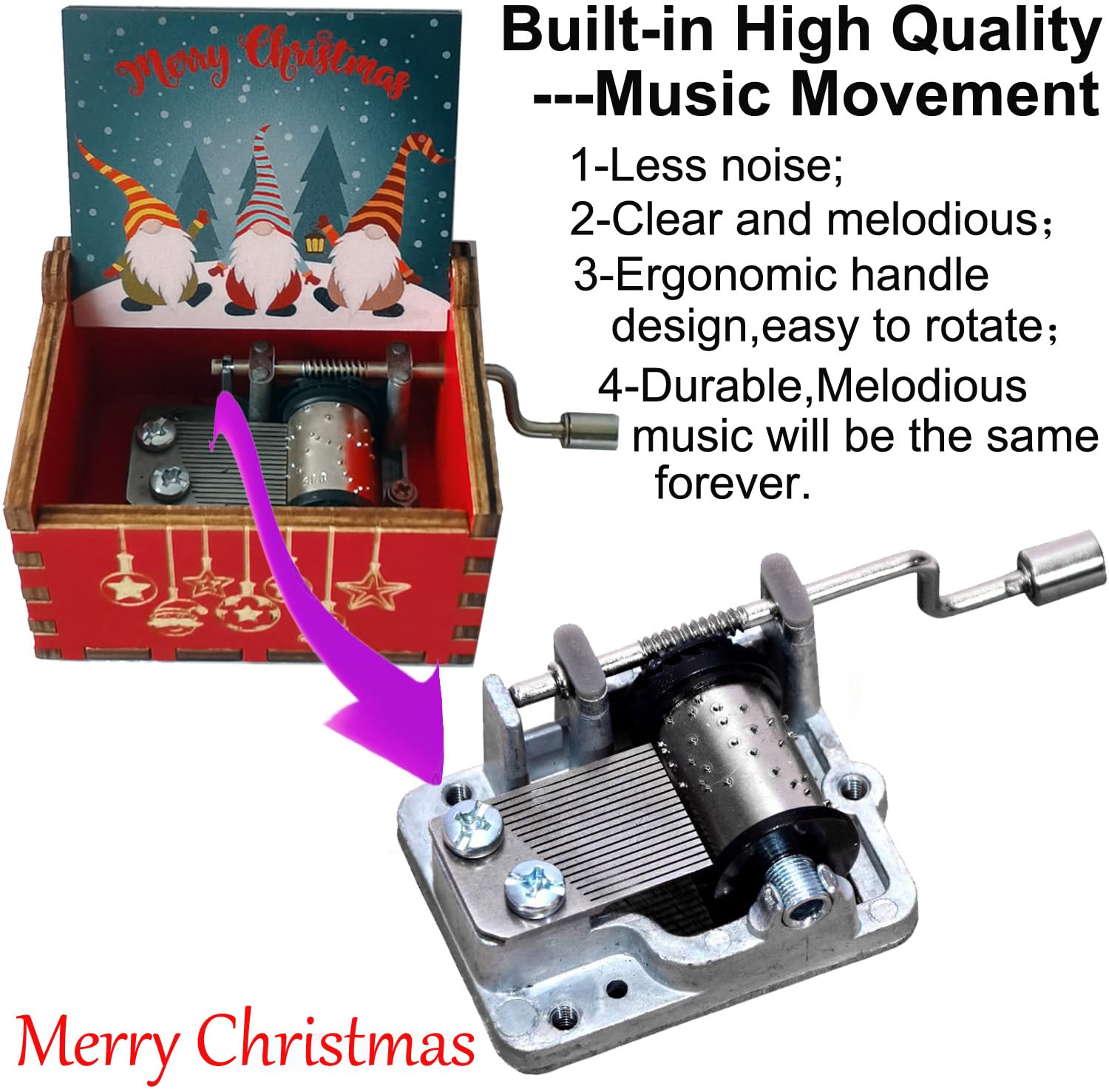 Wooden Merry Christmas Music Box For Daughter,Son,Wife,Dad,Friends,Mum,Husband,Hand Crank Tune Merry Christmas,Engraved Mechanism Wood Musical Box to Boy,Girls on Christmas Day and New Year,Red - Image 4
