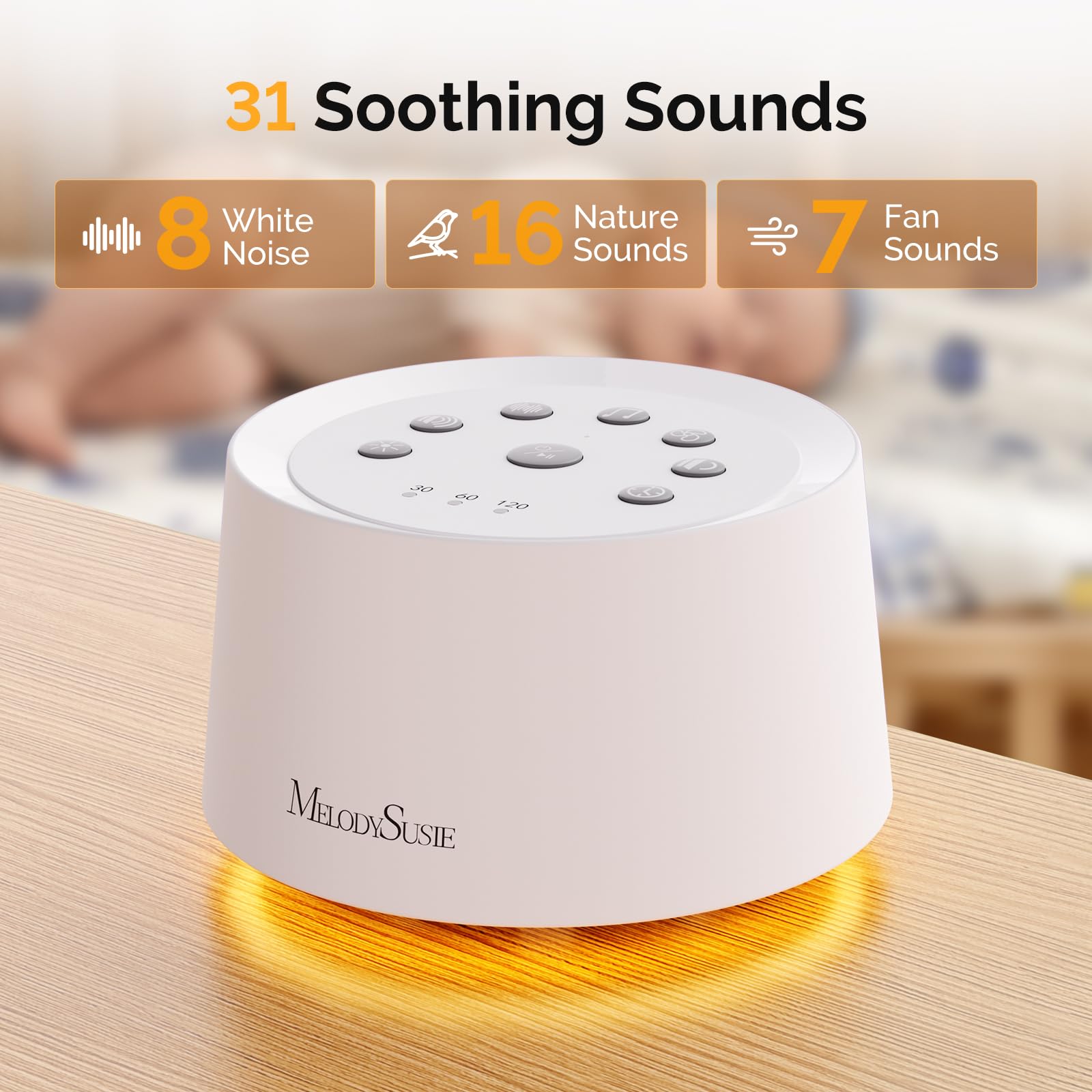 MelodySusie Sound Machine with Night Light & Rechargeable White Noise Machine with 31 Soothing Sounds for Baby Adults | Portable Sound Therapy with Warm Light & 4 Timer | Ideal for Travel & Nursery