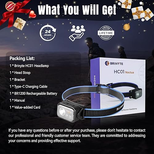 Miniatura 7 de Brinyte HC01 Rechargeable Headlamp with White and Red Light, 1000 Lumens Ultra-Bright USB C Headlight, Lightweight and Waterproof for Outdoor