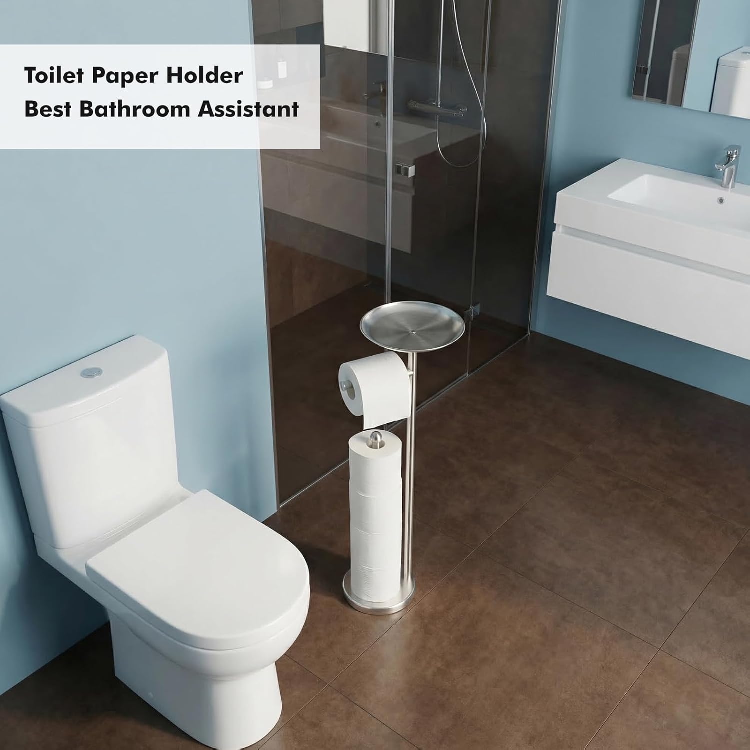 Toilet Paper Holder with Shelf, Toilet Paper Stand for Holding Extra 4 Toile Paper Rolls, Freestanding Toilet Paper Roll Storage, Heavy Base No Tipping Over (Stainless Steel, Brushed Nickel)