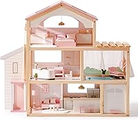 ROBOTIME Pink Wooden Dollhouse with Pool, Elevator & 29 Furniture Pieces - 6 Rooms for 4-6 Inch Dolls, Ages 3+ Girls Gift