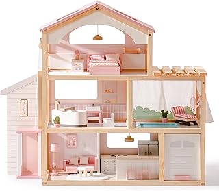 ROBOTIME Wooden Dollhouse, Doll House with 29 Pieces Furniture Set - Pool and Elevator, Wooden Doll House for 4, 5, 6-Inch Dolls, 6 Rooms Pink Dollhouse Gift for Kids Girls Ages 3+ (Pink)
