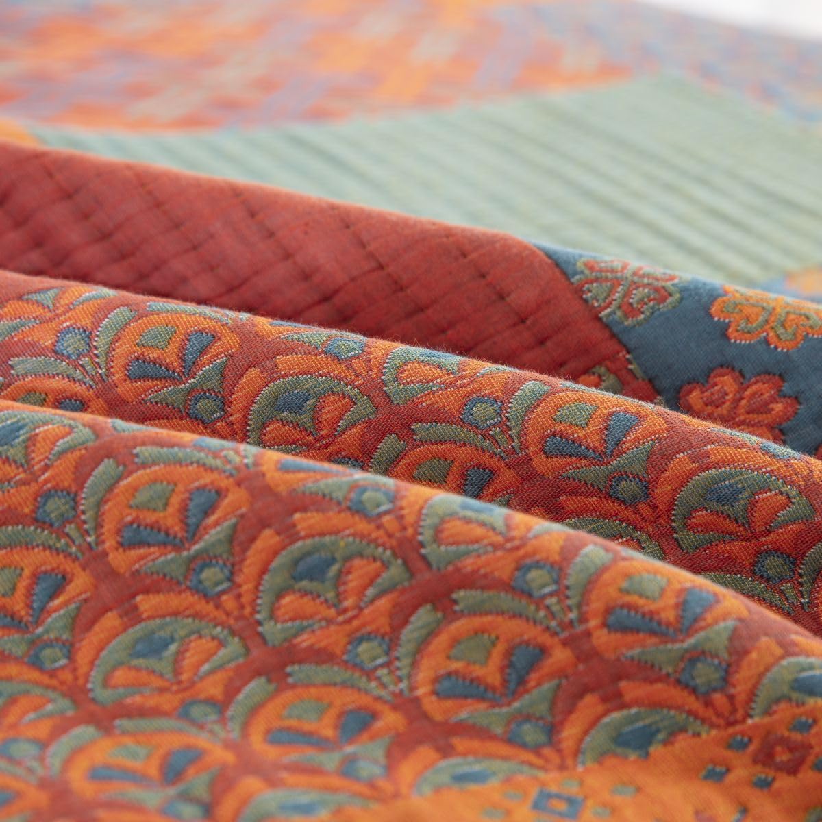 100% Cotton Muslin Blanket Jacquard Rustic Orange Bohemian Plaid Patchwork Floral Quilt, Soft Bed Cover 3 Layers Gauzy Reversible Bedspread Coverlet Full/Queen(78"x94"), No Pillow Sham - Image 6