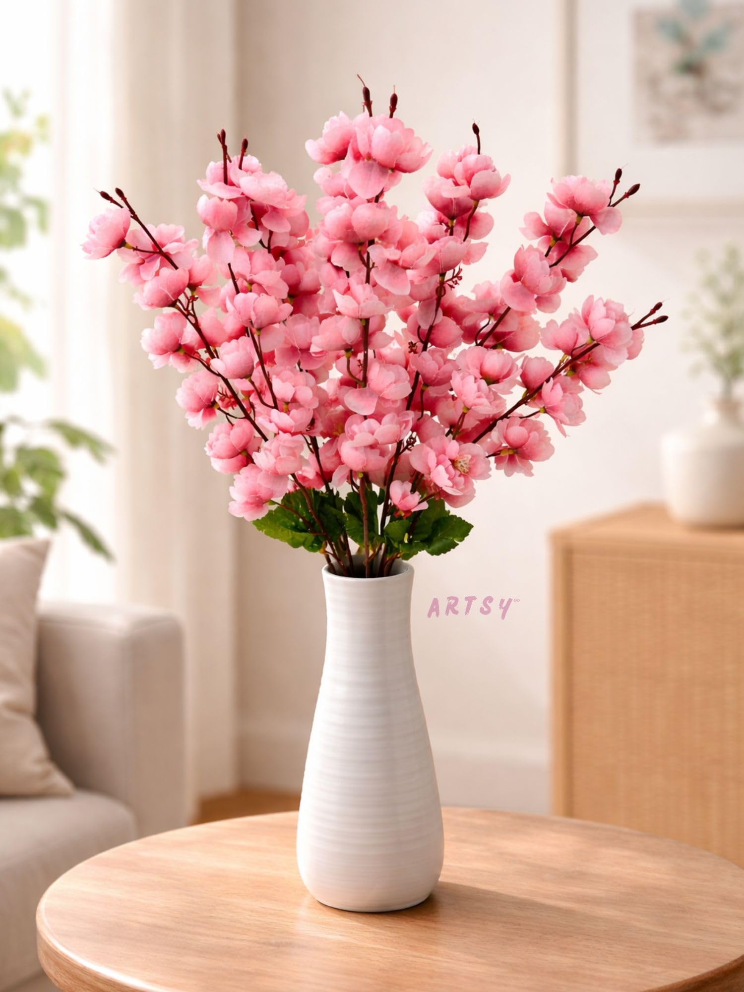 ARTSY Artificial Cherry Blossom Flower Bunch | Pink Faux Silk Flower Stick for Vase, Home Decor, Wedding & Party Decoration | 55 cm Reusable Realistic Flowers (1 Piece), Babypink |-image-1