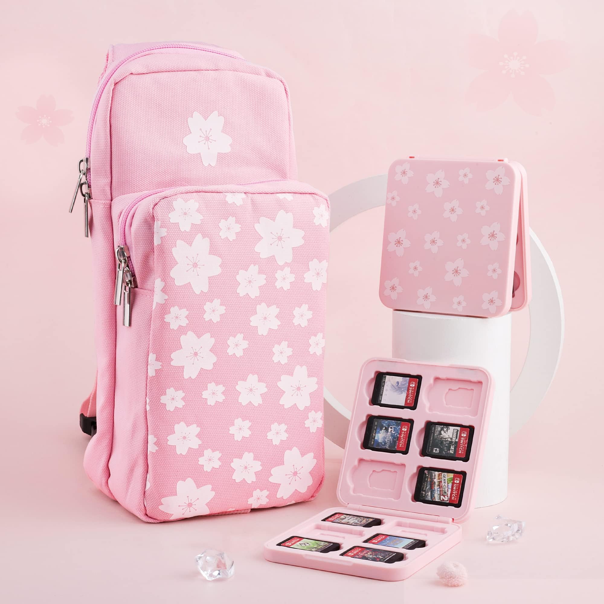 RHOTALL Borsa a tracolla compatibile con Nintendo Switch/OLED/Lite, zaino da viaggio ad alta capacità per switch accessori con custodia per carte di gioco e 2 tappi per pollice, Sakura
