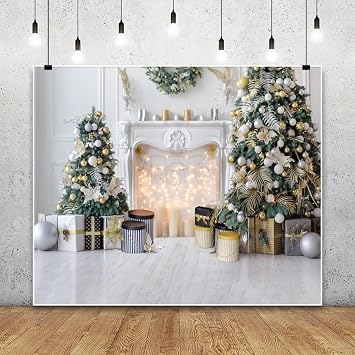 Leowefowa 10x8ft Christmas Backdrop White Christmas Party Background Xmas Fireplace White Gold Xmas Tree Winter Holiday Indoor Wood Floor Family Party Decor Banner Photo Supplies Prop
