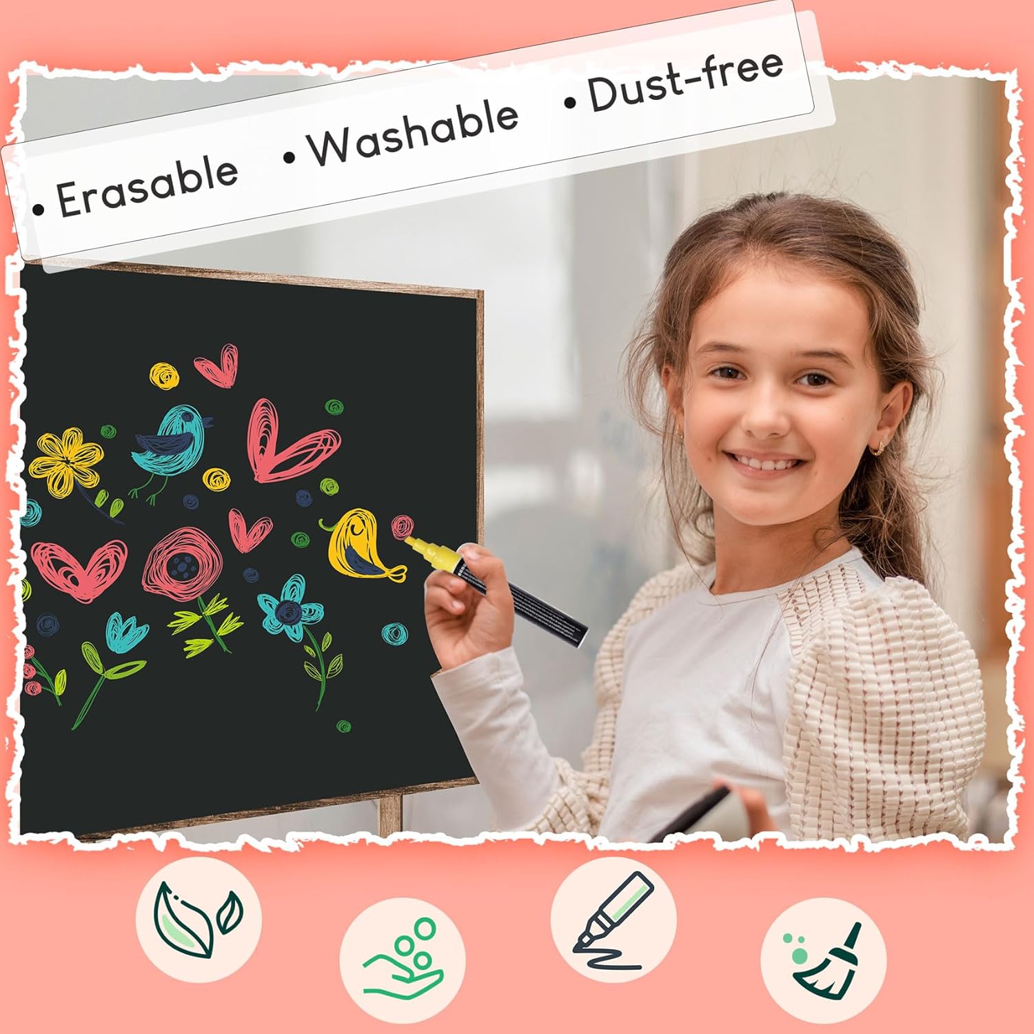 A young girl drawing on a chalkboard with a yellow chalk pen, with icons indicating erasable, washable, and dust-free features.