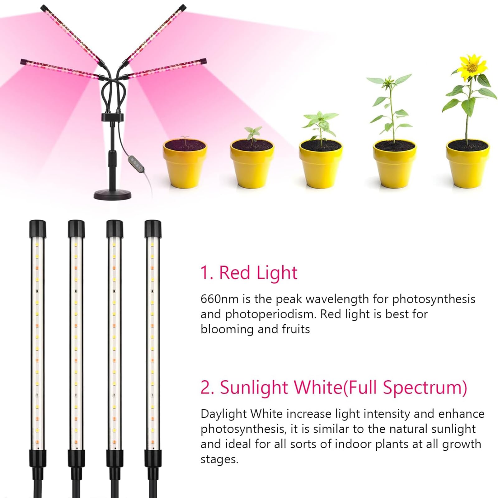 Grow Lights for Indoor Plants, Four Head LED Grow Light with Full Spectrum & Red White Spectrum for Indoor Plant Growing Lamp, 4/8/12H Timer, Adjustable Gooseneck, 3 Switch Modes - 2