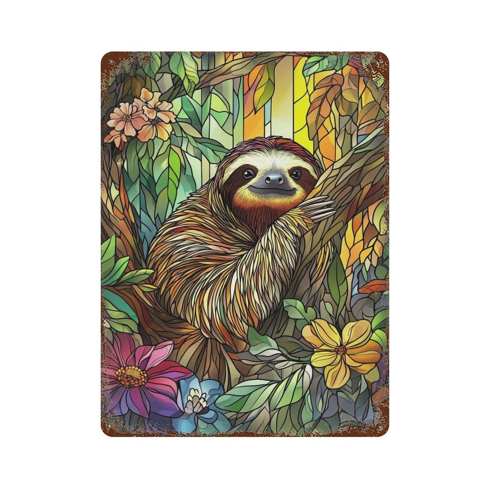 Sloth in Jungle Stained Glass Decorative Tin Sign 15.7"x11.8", for Bistro, Counter And Cafe Decor, Novelty Wall Decor