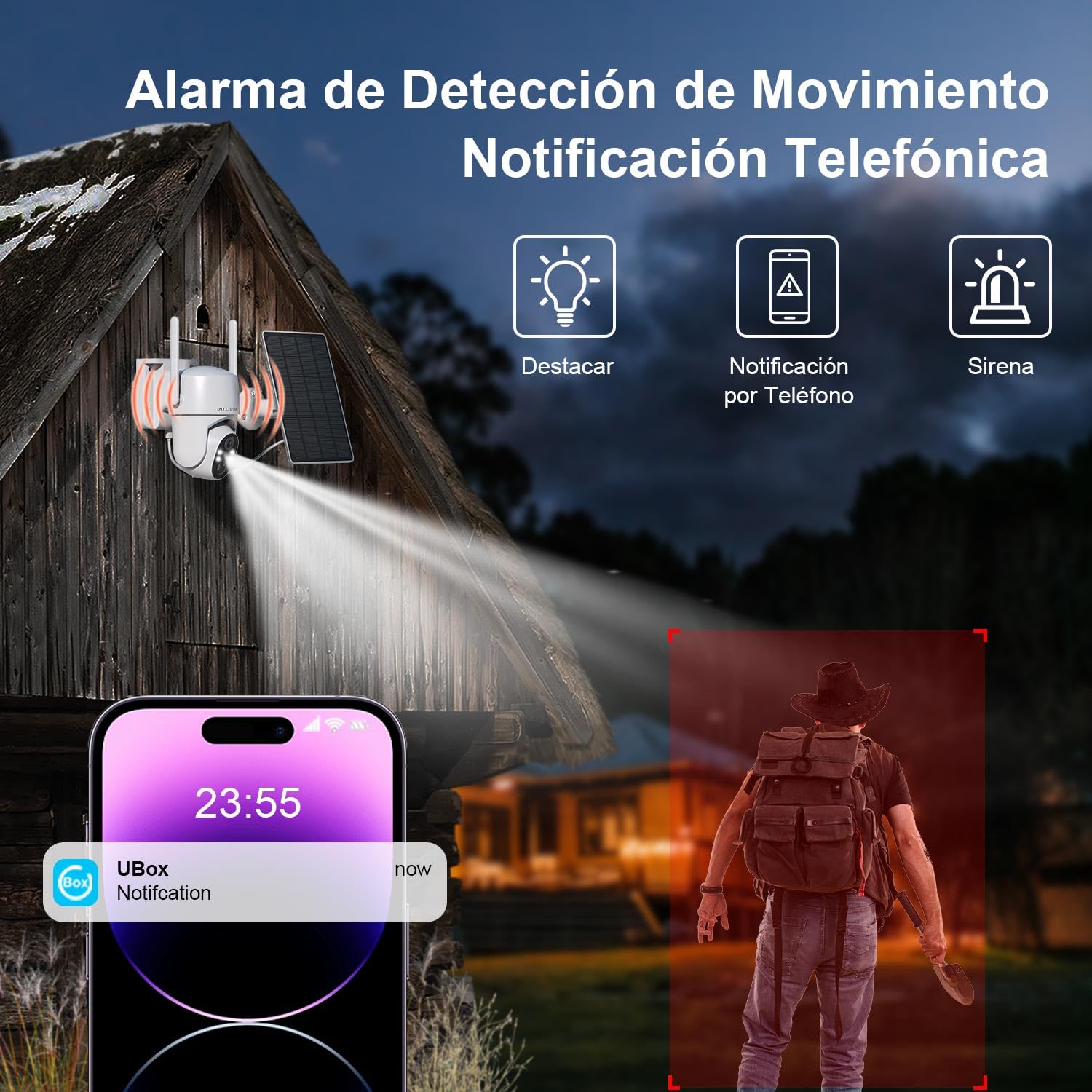 HOSAFE.COM 4G LTE Camara Vigilancia Exterior Solar Sin WiFi, Camara de Vigilancia Exterior con Tarjeta SIM, Versión Nocturna en Color 2K, 360 Live View, Detección de Movimiento, Audio Bidireccional