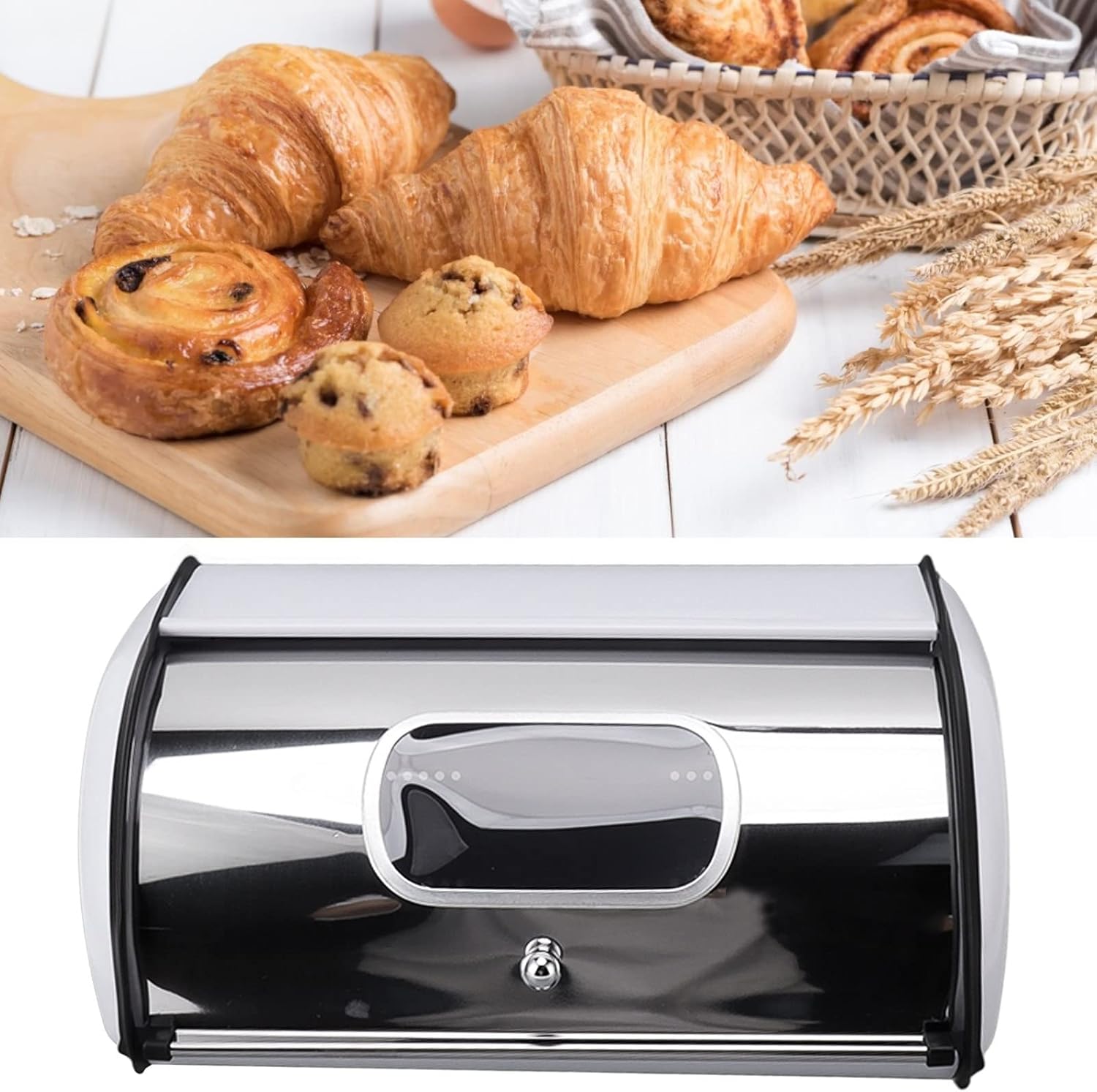 GOWENIC Bread Box for Kitchen Countertop, Iron Bread Bin with Front Window, Bread Holder Storage Container for Counter, 13.6x9.1x5.7 Inches, White