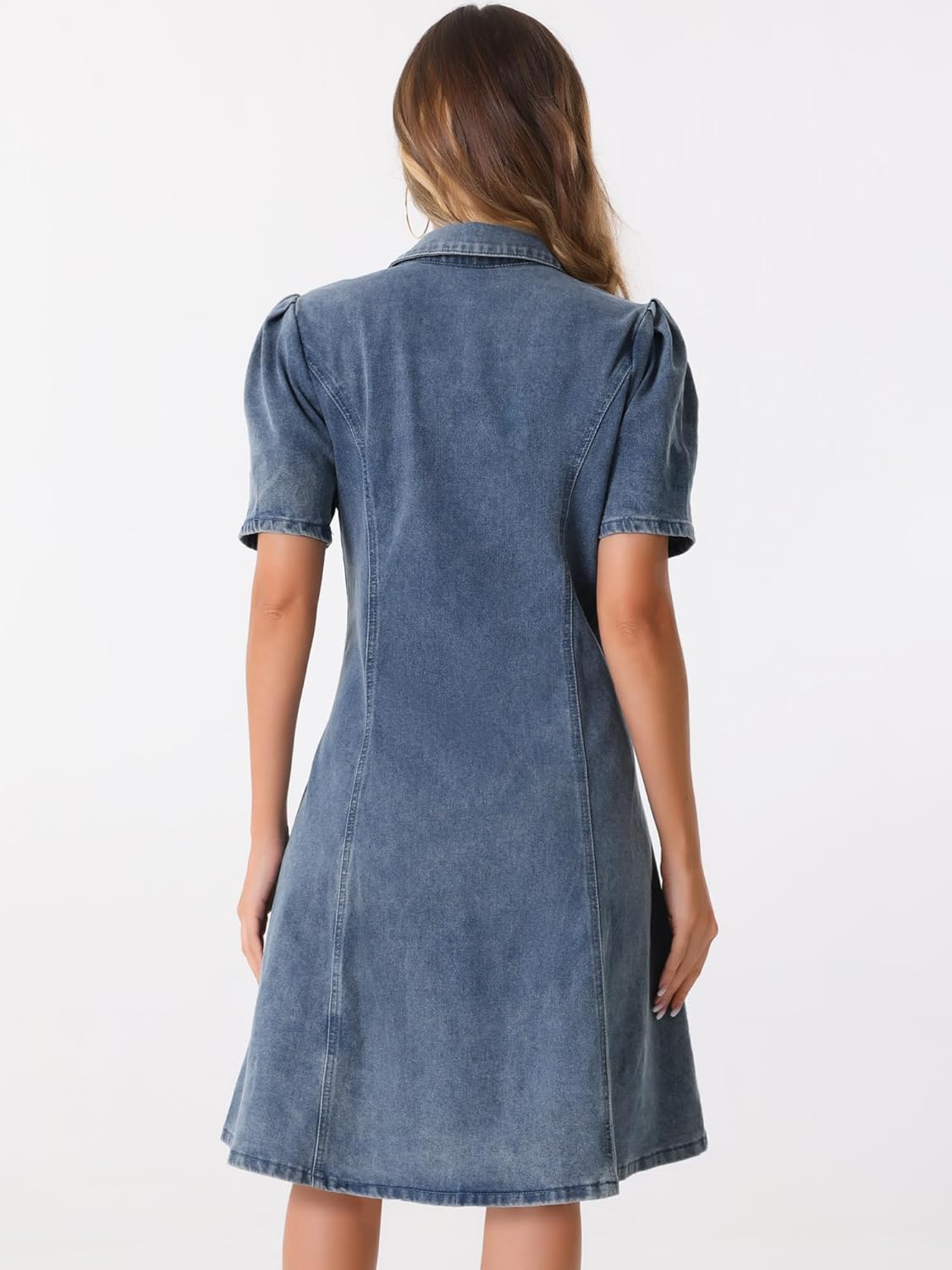 Allegra K Denim Dress for Women's Puff Sleeve Button Down Collared Jean A-Line Dress - Image 3