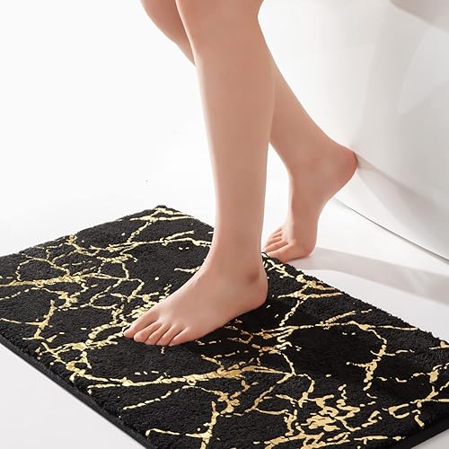 QJHOMO Alfombra de baño de mármol negro y dorado, alfombra de baño antideslizante, alfombra de baño súper absorbente, alfombra de baño de microfibra