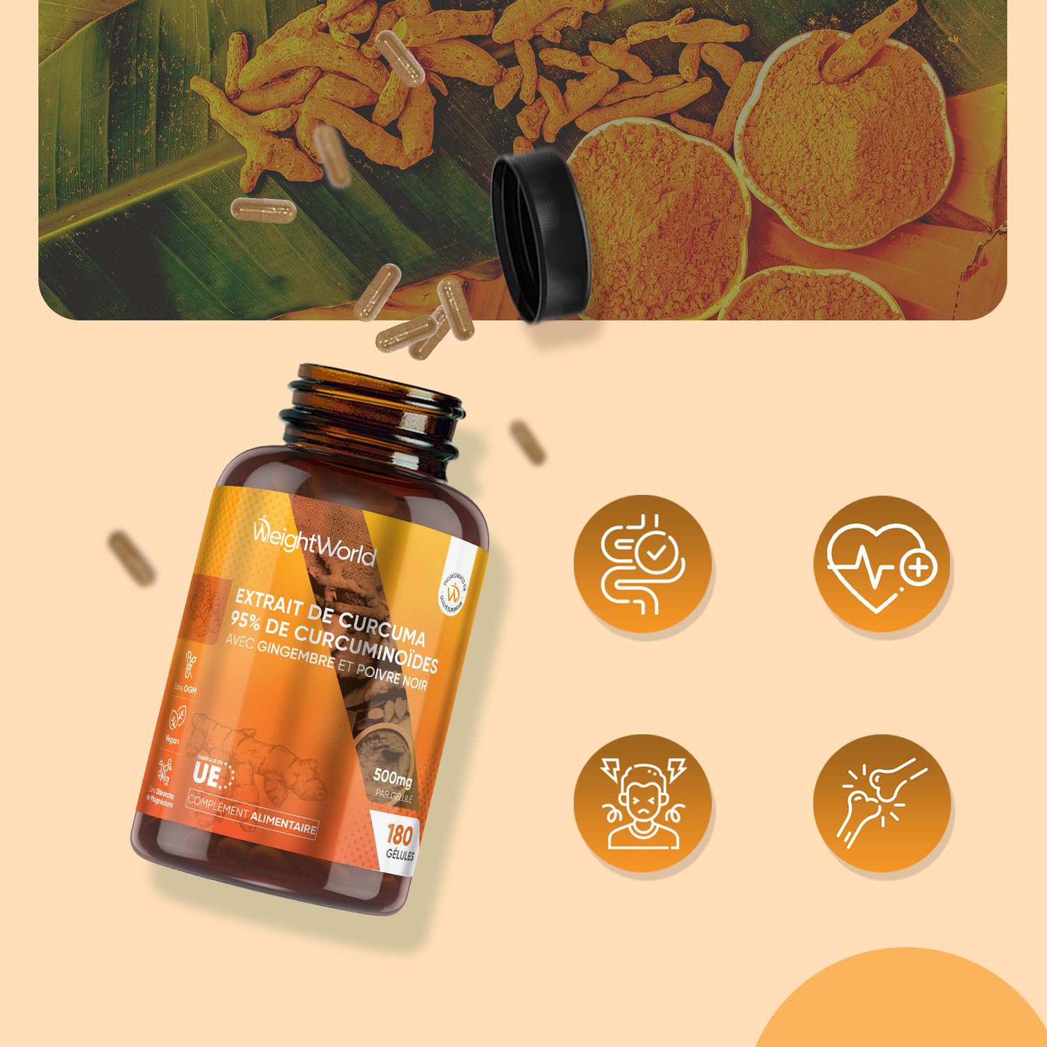 Curcuma Gingembre Poivre Noir 180 Gélules Vegan (6 Mois) - 95% Curcumine