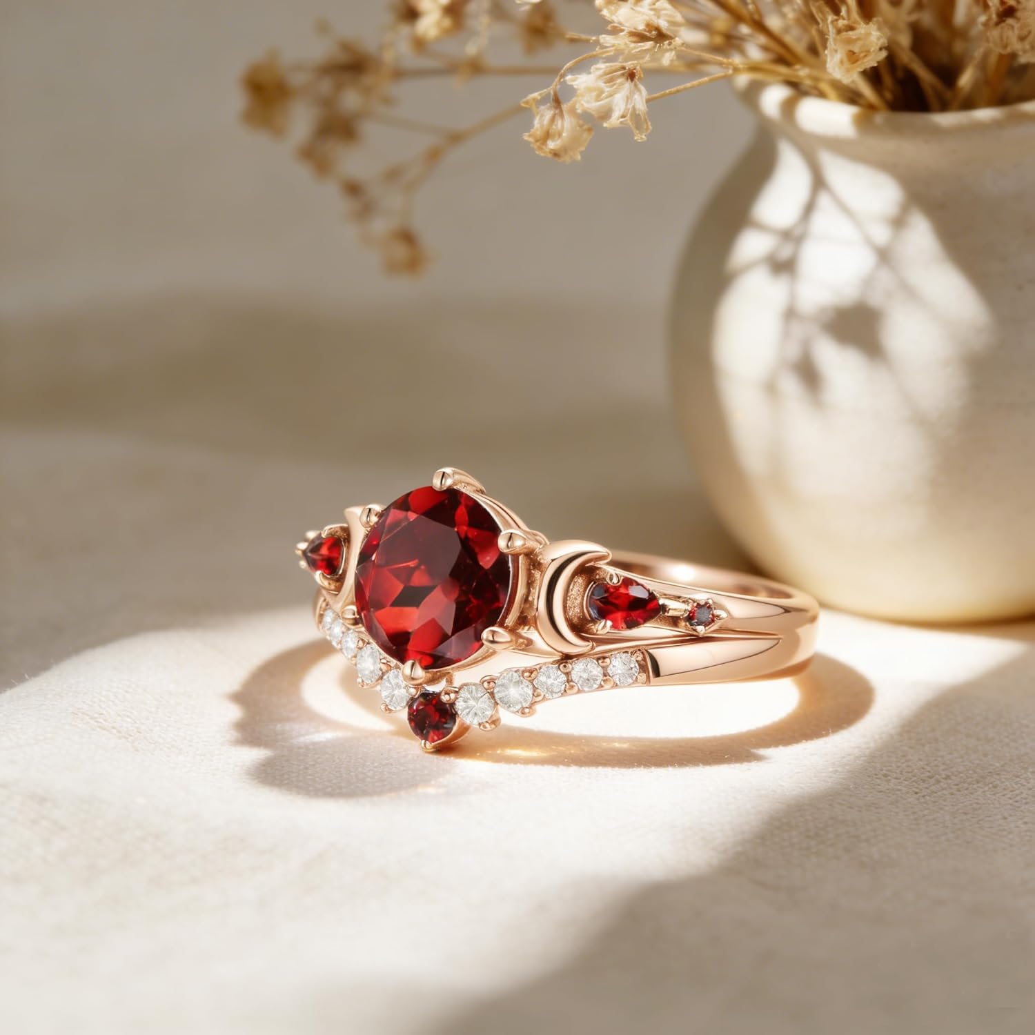 2CT Gemstone Engagement Ring for Women 925 Sterling Silver Bridal Ring Set Round Cut Moissanite Wedding Ring Set Rose Gold Plated Anniversary Ring for Her