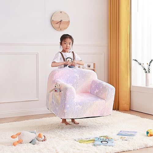 Miniatura 7 de Tiita Sofá para niños, sofá Chirldren con asa de transporte y bolsillos laterales, silla de espuma para niños, silla con reposabrazos para niños,