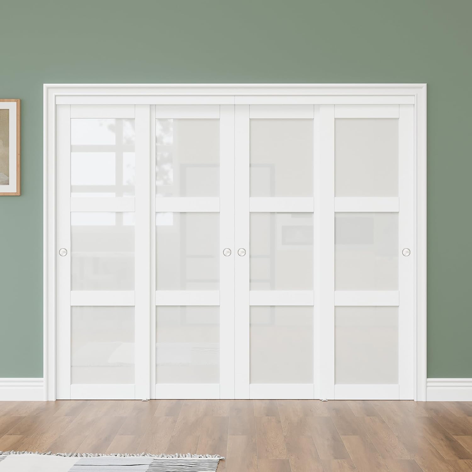 Bypass Glass Sliding Closet Doors - 96x80, Double 48 Inch Sets with Hardware & Fascia, 3 Lite Frosted Tempered Glass Interior Sliding Doors for Bedroom, No Assembly Required Panels