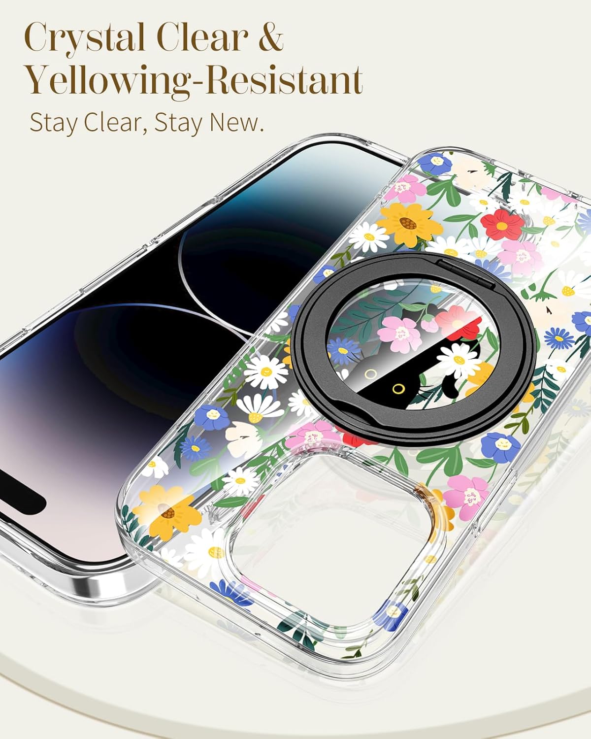 Loheckle for iPhone 14 Pro Max Case with Stand- Compatible with MagSafe Women Girls Cute Clear Aesthetic Unique Design Soft TPU Magnetic Ring Phone Cover for Apple 14 Promax, Cat Flower - Image 5