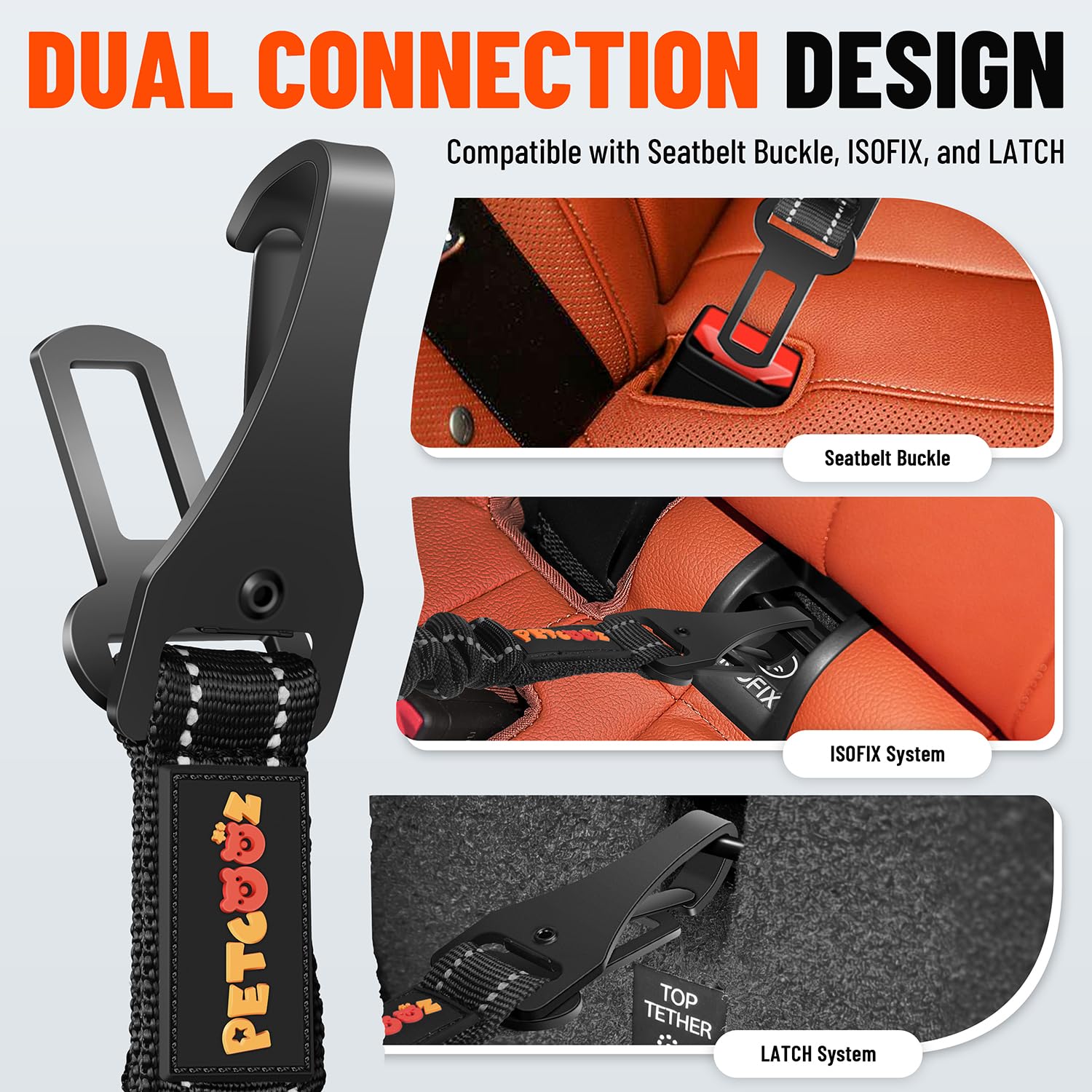 Ceinture Chien Voiture 3 en 1, Ceinture de Sécurité Chien Réglable 58-92 cm avec Système Latch et ISOFIX, Absorption des Chocs, Mousqueton Rotatif 360°, Harnais Voiture pour Toutes Les Races