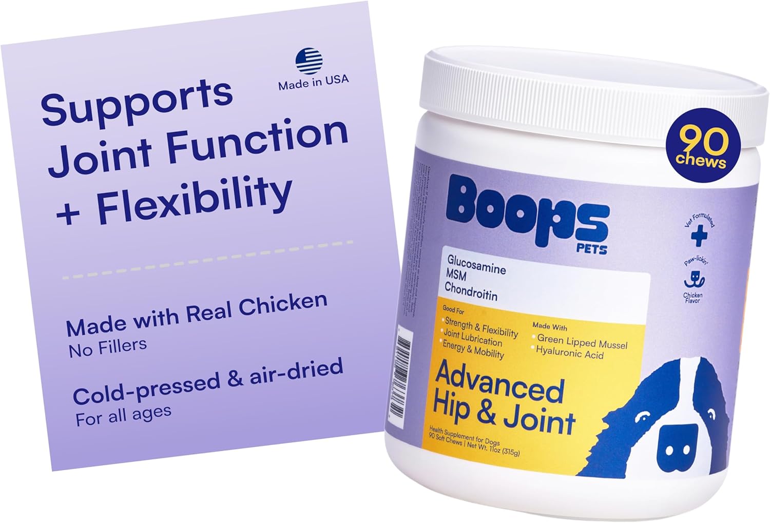 Advanced Hip & Joint Supplement for Dogs – 90 Soft Chews with Glucosamine, MSM, Chondroitin & Multivitamins – Supports Mobility & Flexibility – Made with Pasture-Raised Chicken