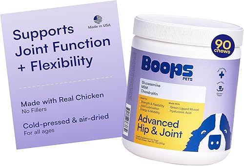 Suplemento avanzado para cadera y articulaciones para perros, 90 masticables suaves con glucosamina, MSM, condroitina y multivitaminas, ayuda a la