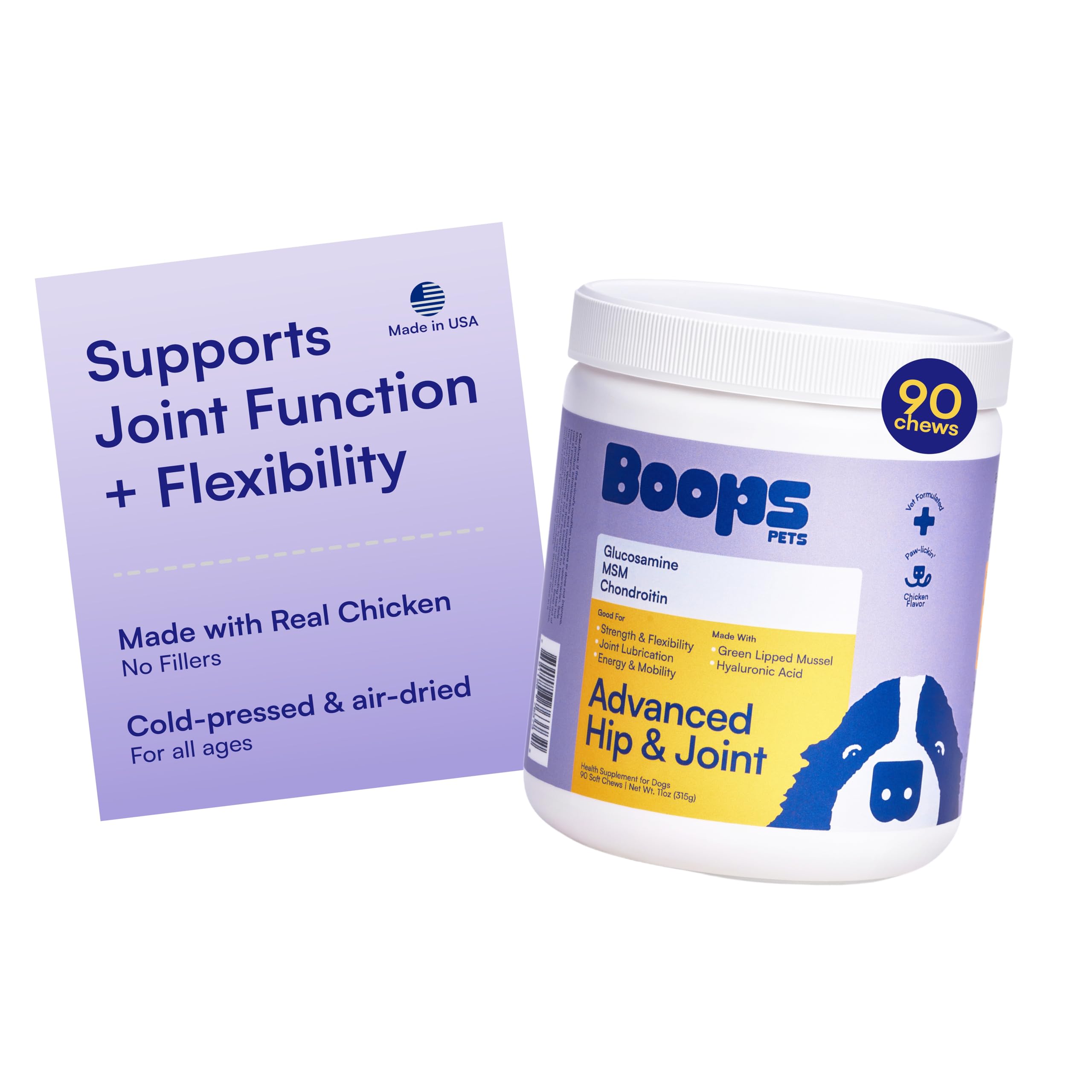 Advanced Hip & Joint Supplement for Dogs - 90 Soft Chews with Glucosamine, MSM, Chondroitin & Multivitamins - Supports Mobility & Flexibility - Made with Pasture-Raised Chicken