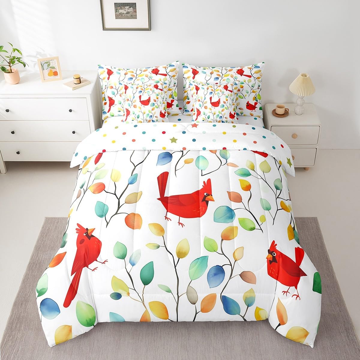 Erosebridal 7Pcs Cute Hedgehog Bedding Comforter Sets for Kids Boys Girls Boho Floral Bed in a Bag, Colorful Leaves Twin Bedding Sets Abstract Watercolor Plant Comforter Set, Wild Animal Bedding Sets