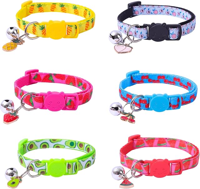 6 Pack Cat Collars Adjustable Kitten Collars with Bells Breakaway Button Cat Collars Fruit Style Cat Collar Adjustable 19-30cm