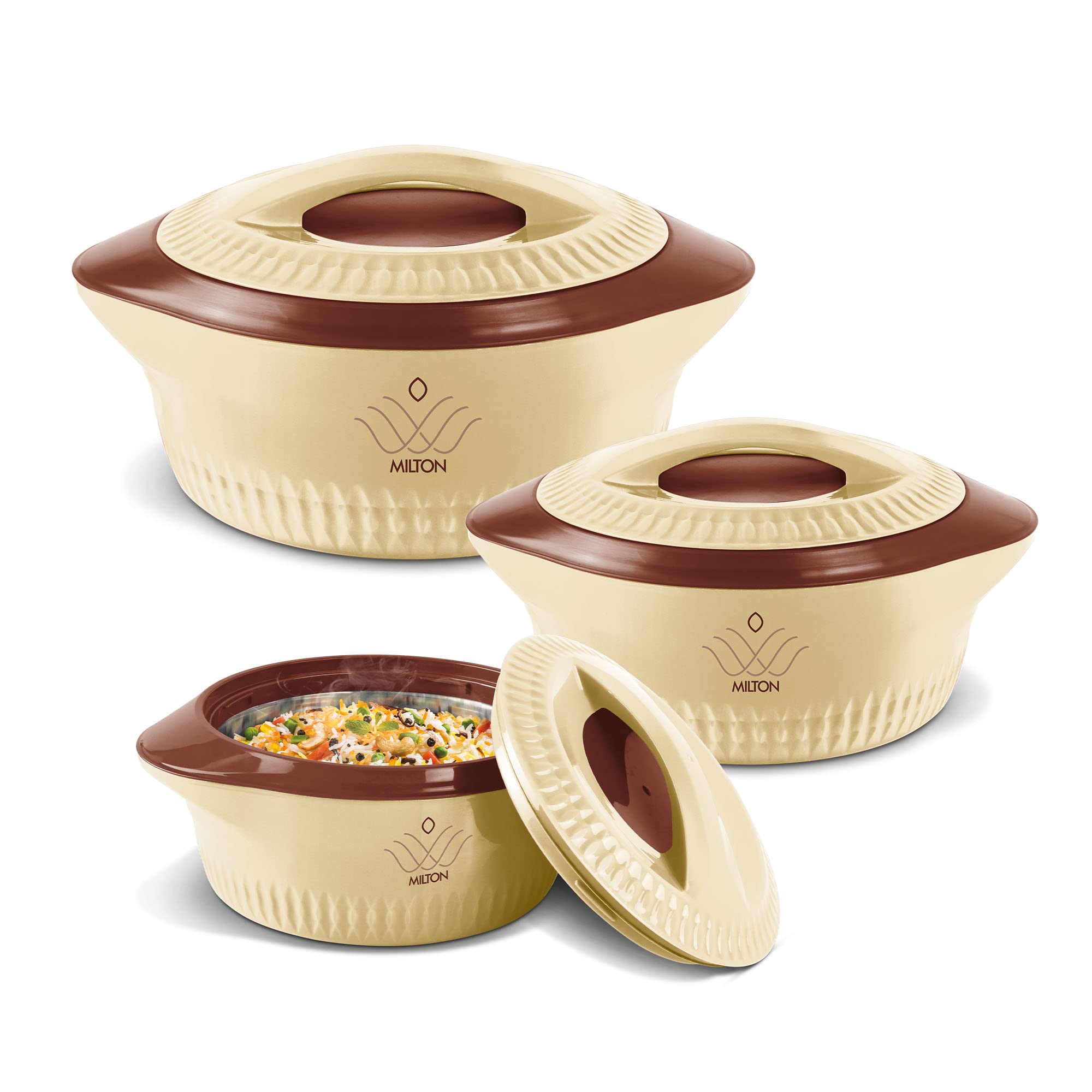 MILTON 3-Piece Casserole Set (830ml, 1.27L, 1.80L) Double-Walled Hotpot with PU Insulation & Stainless Steel Inner, Keeps Food Hot/Cold, Perfect for Serving Chapati, Roti & Mandi - Royal Reg - Brown