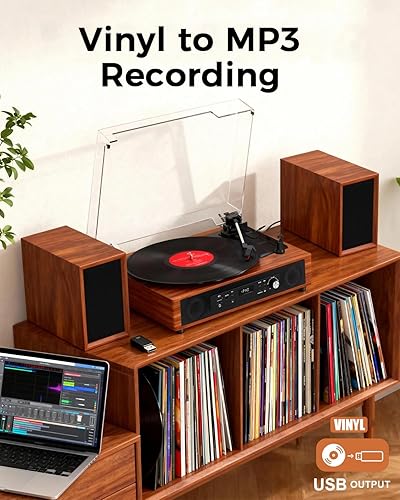 Miniatura 7 de Reproductor de discos de vinilo con 4+2 altavoces estéreo externos Bluetooth de 3 velocidades por correa tocadiscos para discos de vinilo, dos