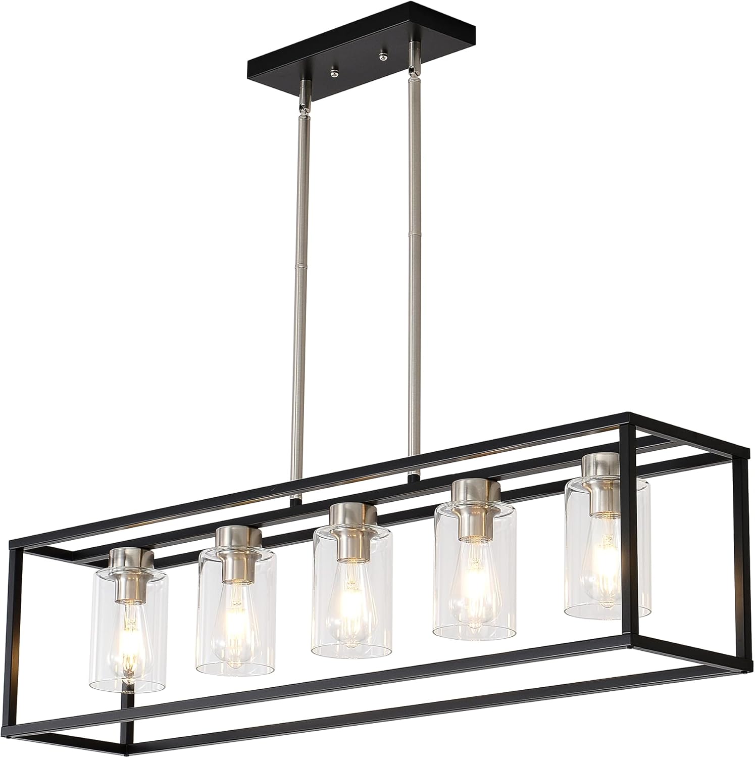 XILICON Brushed Nickel +Black l Dining Room Chandeliers Lighting Fixture Linear Pendant Modern 5-Light with Glass Shades Vintage Farmhouse Ceiling Light Hanging for Kitchen Island Cafe Bar