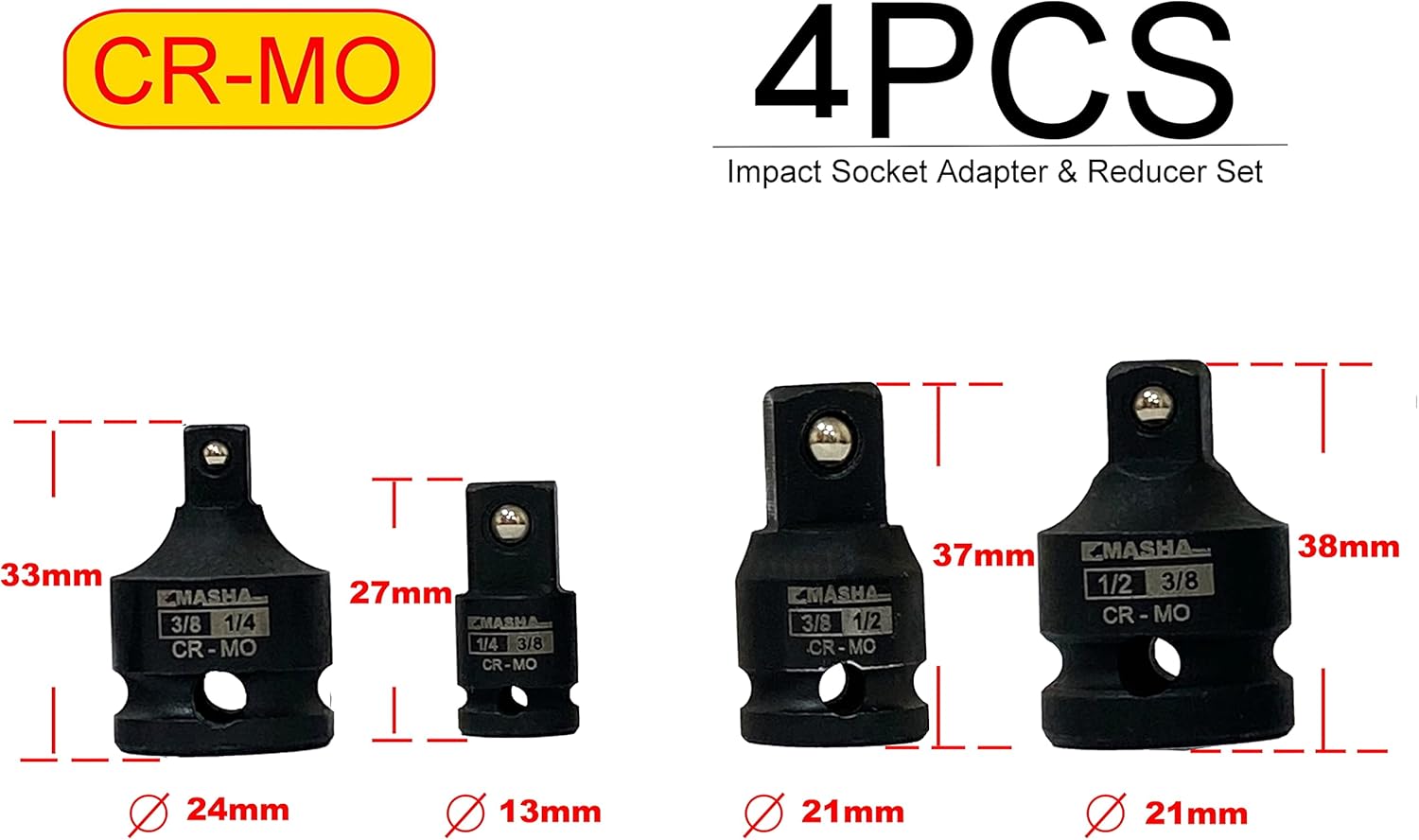Masha Tools-Impact Socket Adapter and Reducer Set / 4 Piece Set / 1/4” – 3/8” – 1/2” Impact Driver Conversions/Chrome Molybdenum Steel (CF-AD1238)