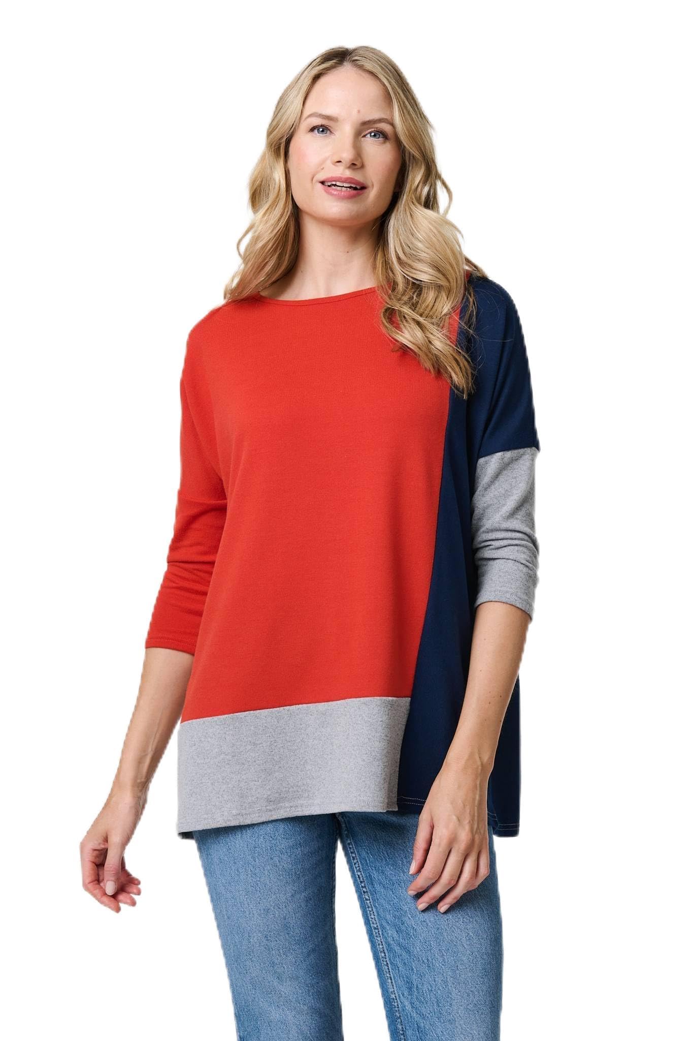 Izabel London Colour Block Long Sleeve Relaxed Top for Women UK with a Boat Neck and a Thigh Length Hem. Orange