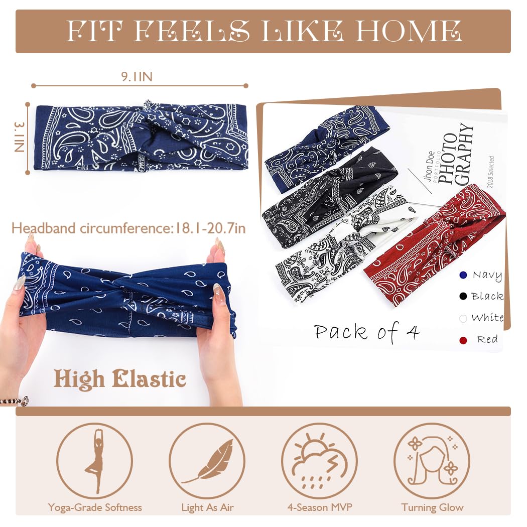 Urieo Boho opaski na głowę ze stretchem paisley nadruk bandana opaska na głowę krzyżowe opaski do włosów wiązane opaska na głowę joga na co dzień dla kobiet i dziewcząt (opakowanie 4 szt.) (A)