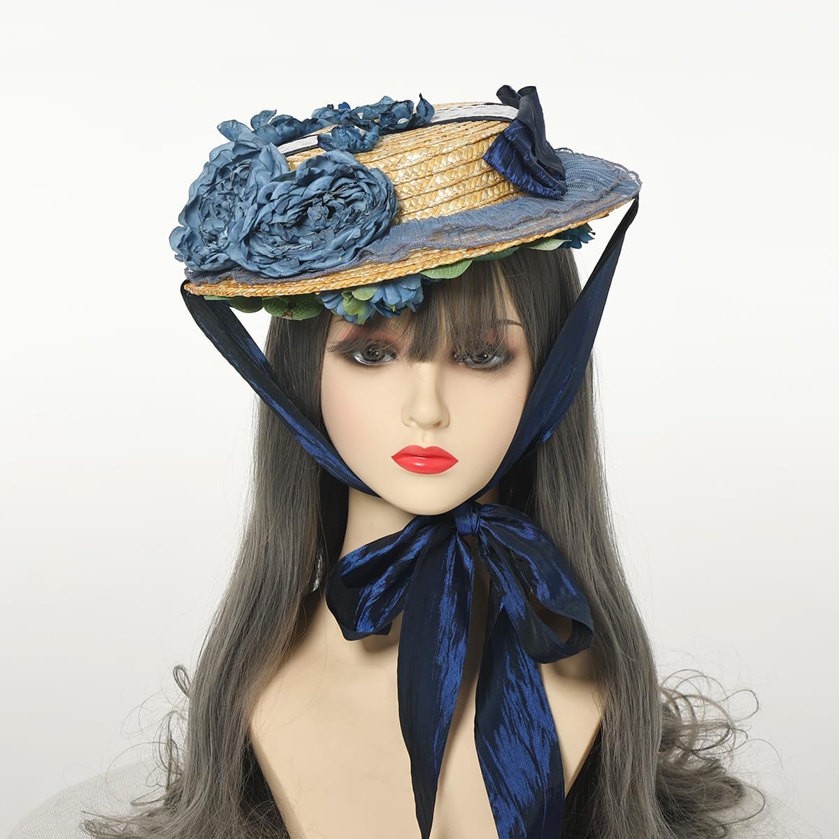 COSDREAMER Girls Womens Victorian Tea Party Hat Bows Flowers Straw Hats Blue - Image 2