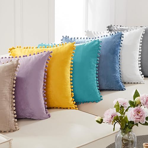 Vista 59 de Deconovo Juego de 2 fundas de almohada de terciopelo, 20 x 20 pulgadas, color verde azulado, cuadradas, con pompones, suaves, con cremallera