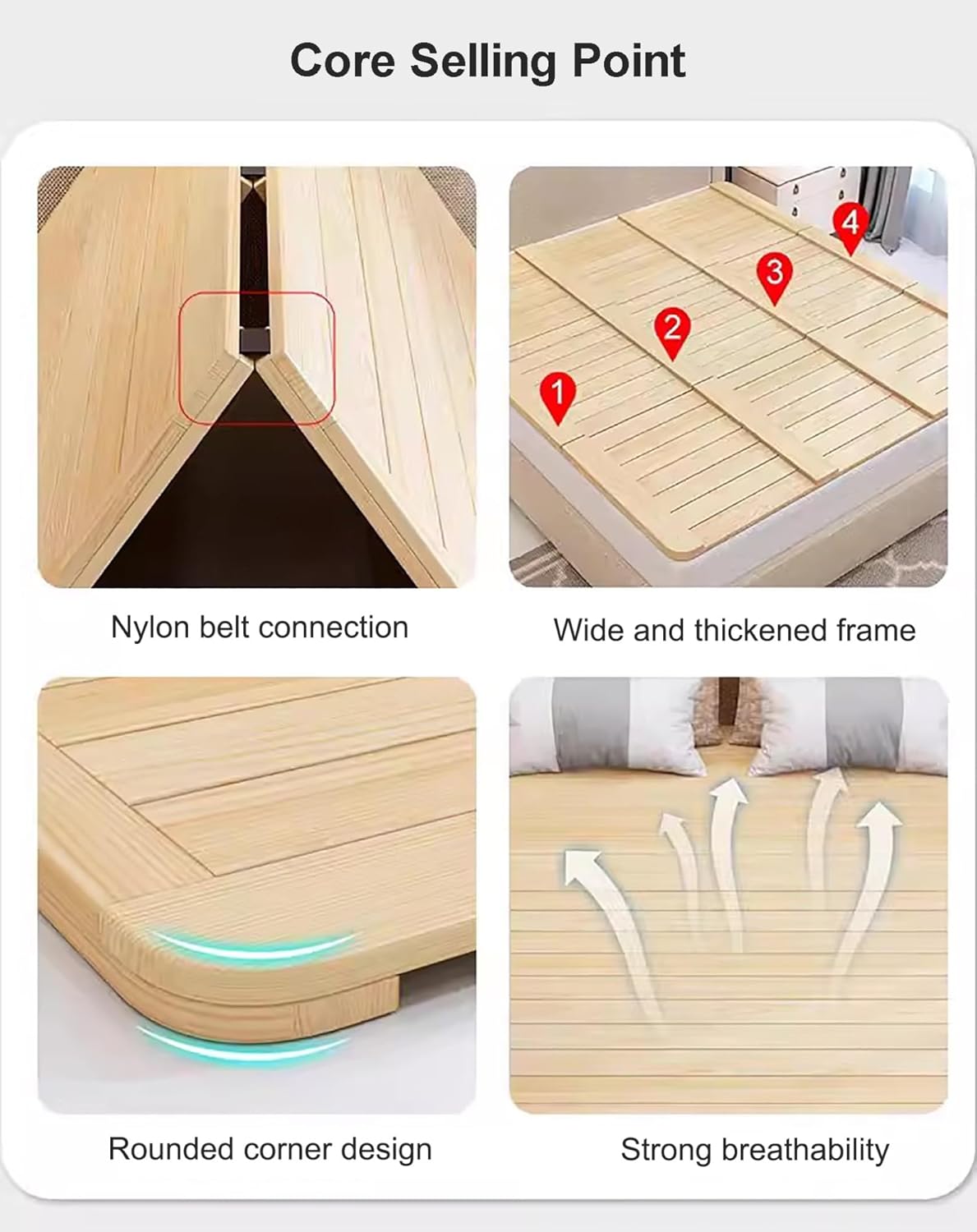 Rollable Floor Mattress Frame，(en:3 Folding Wooden Bed Slat Set with Waist Protector Hardened Board 1.2x1.9m (47.2"x74.8"))