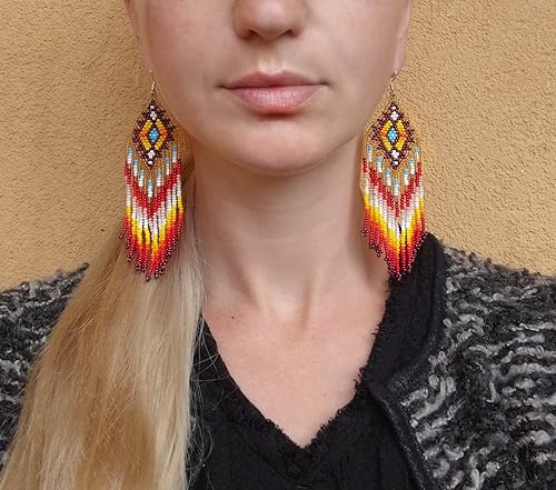 Brown Native America Bead Earring, Long Beaded Native American Earrings, Indian Bead Jewelry, Native America Dangle Earrings, Beaded Jewelry