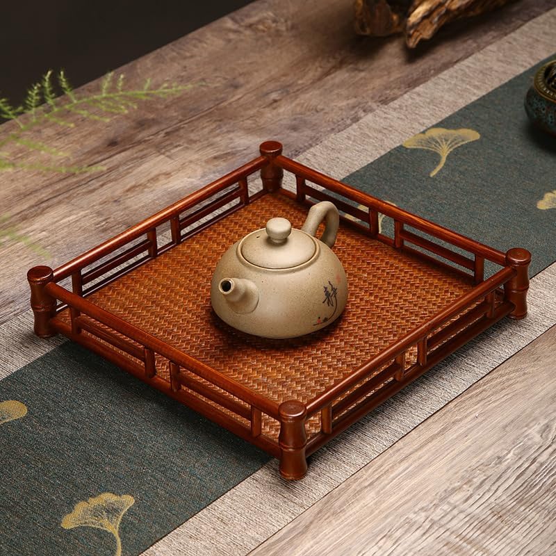 【daqiyidshang】竹編み茶皿手編み乾燥泡テーブル奉納茶皿適用家庭用長方形竹トレイ収納皿茶器展示皿 (正方形)