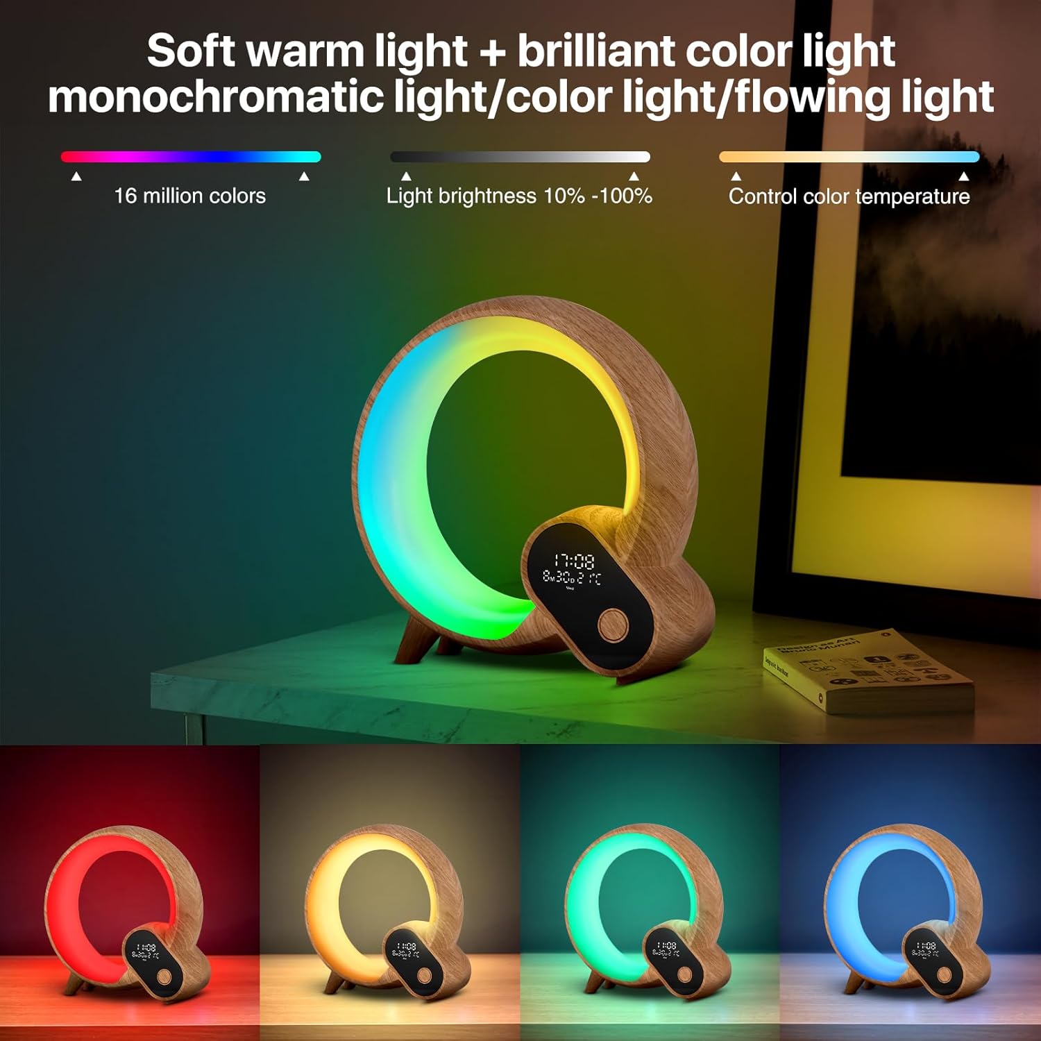 The sunrise alarm clock displaying various light colors, with text indicating 16 million colors, 10-100% brightness, and color temperature control.