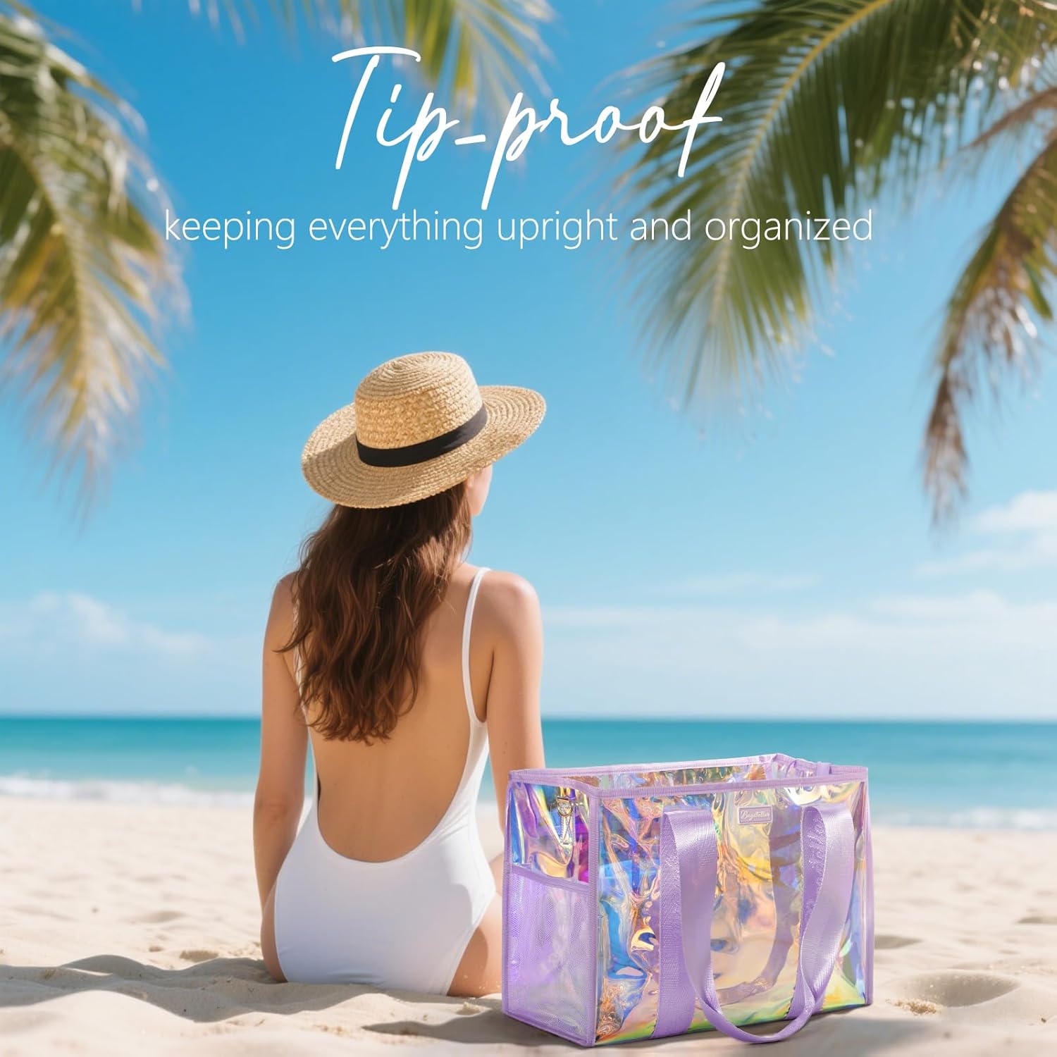 Iridescent Beach Tote Bags for Women, Large Zipper Beach Pool Swim Bag with Makeup Bag & Waterproof Phone Pouch | Waterproof Sandproof, Adjustable Strap, Packable, Foldable, Travel Tote Bags, Vacation Essentials, Gift for Women - Image 2