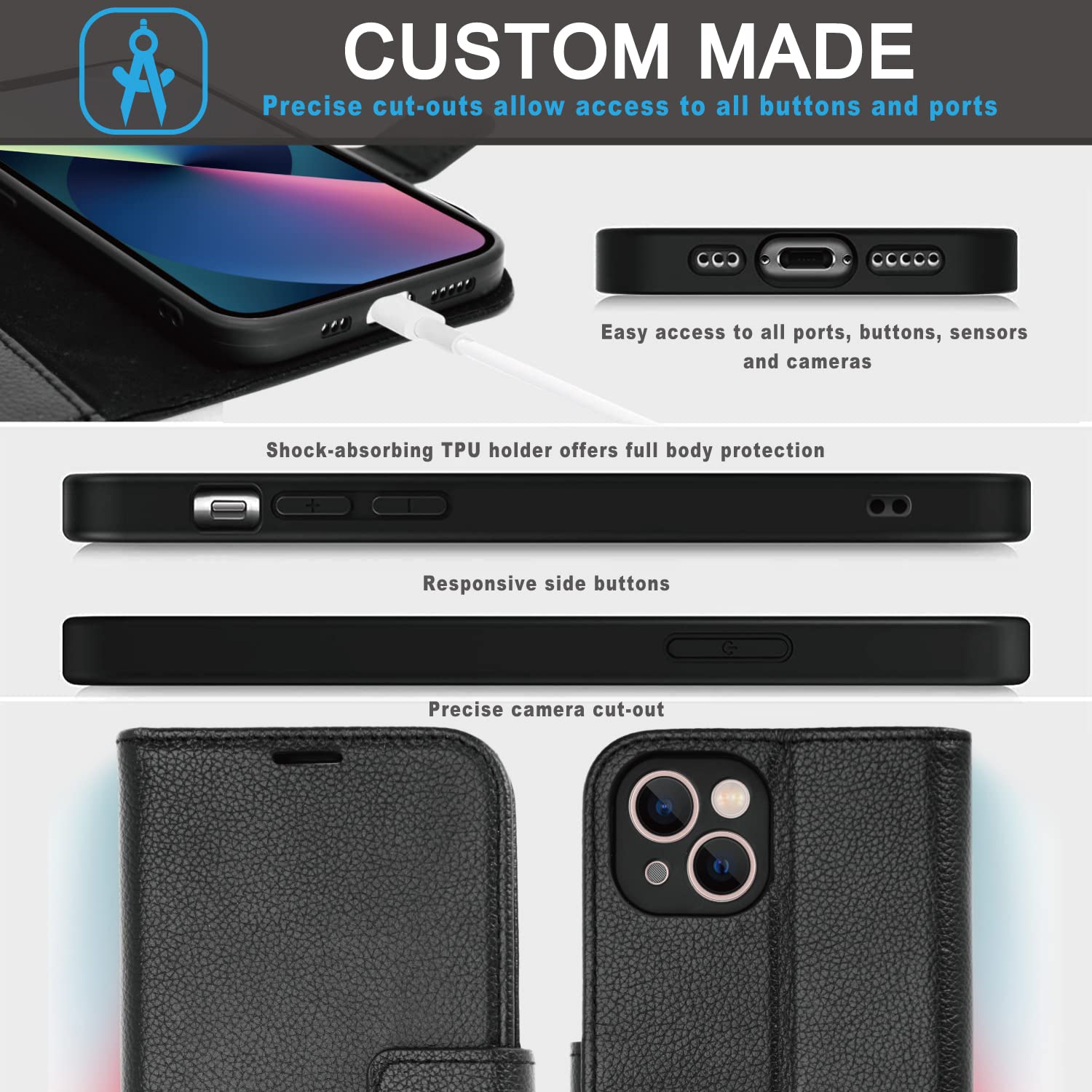 TECHGEAR Custodia Portafoglio Con Supporto Per IPhone 13 Pro – Pelle Sintetica Nero, Cover Antiurto Con Slot E Cinturino Da Polso