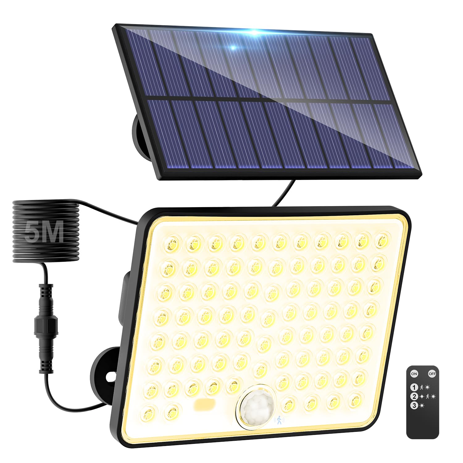 kolpop 1 Stück Solarlampen für Außen mit Bewegungsmelder, 3 Modi, Fernbedienung, 82 LED-Linse Solar Strahler, IP65 Wasserdichte Außenleuchte Wandleuchte für Garten Hof Stufen, 5m Kabel, Warmweiss
