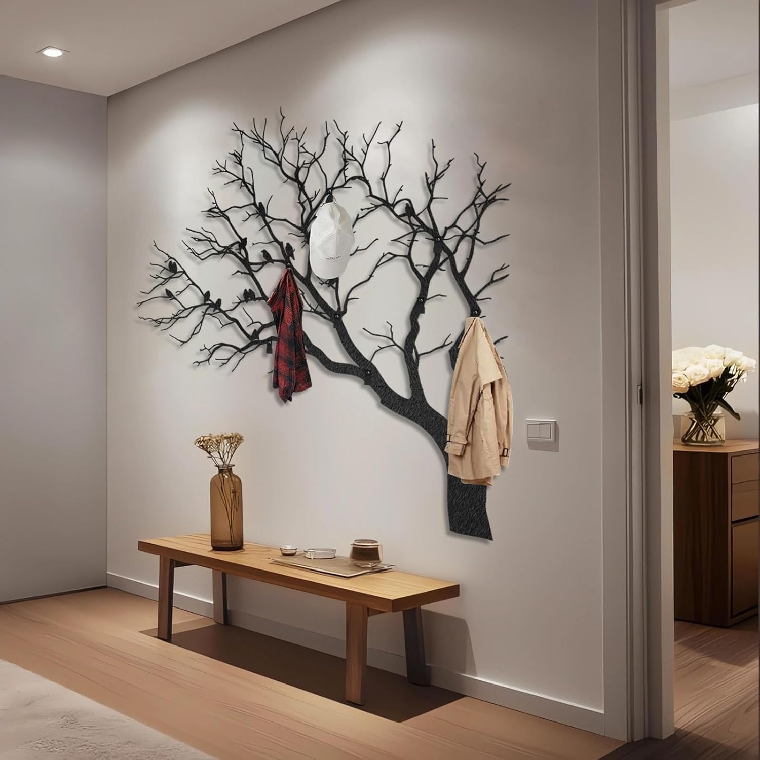 Coat Rack Tree Branch with Birds, Birds on Tree Branch Metal Wall Art, Coat Hooks Wall Mount, Key Holder Wall Mounted, Metal Coat Rack for Living Room, Bathroom (Black, 24"x24"|60x60cm)