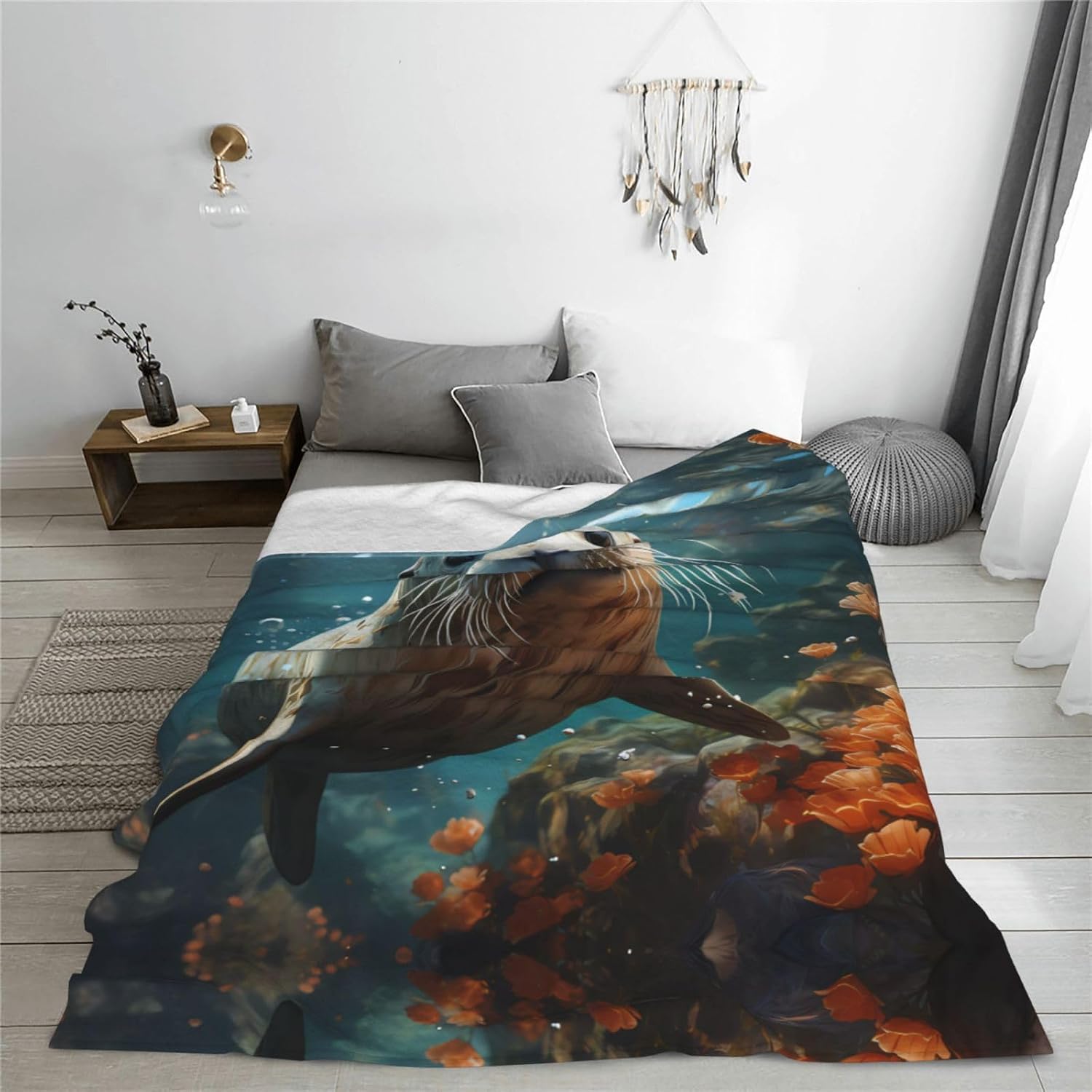 Decorative Children's Blanket (50 * 40 inches), Seal pup in Water Flannel Gift Blanket, Sofa Bed Living Room Camping Travel Blanket,