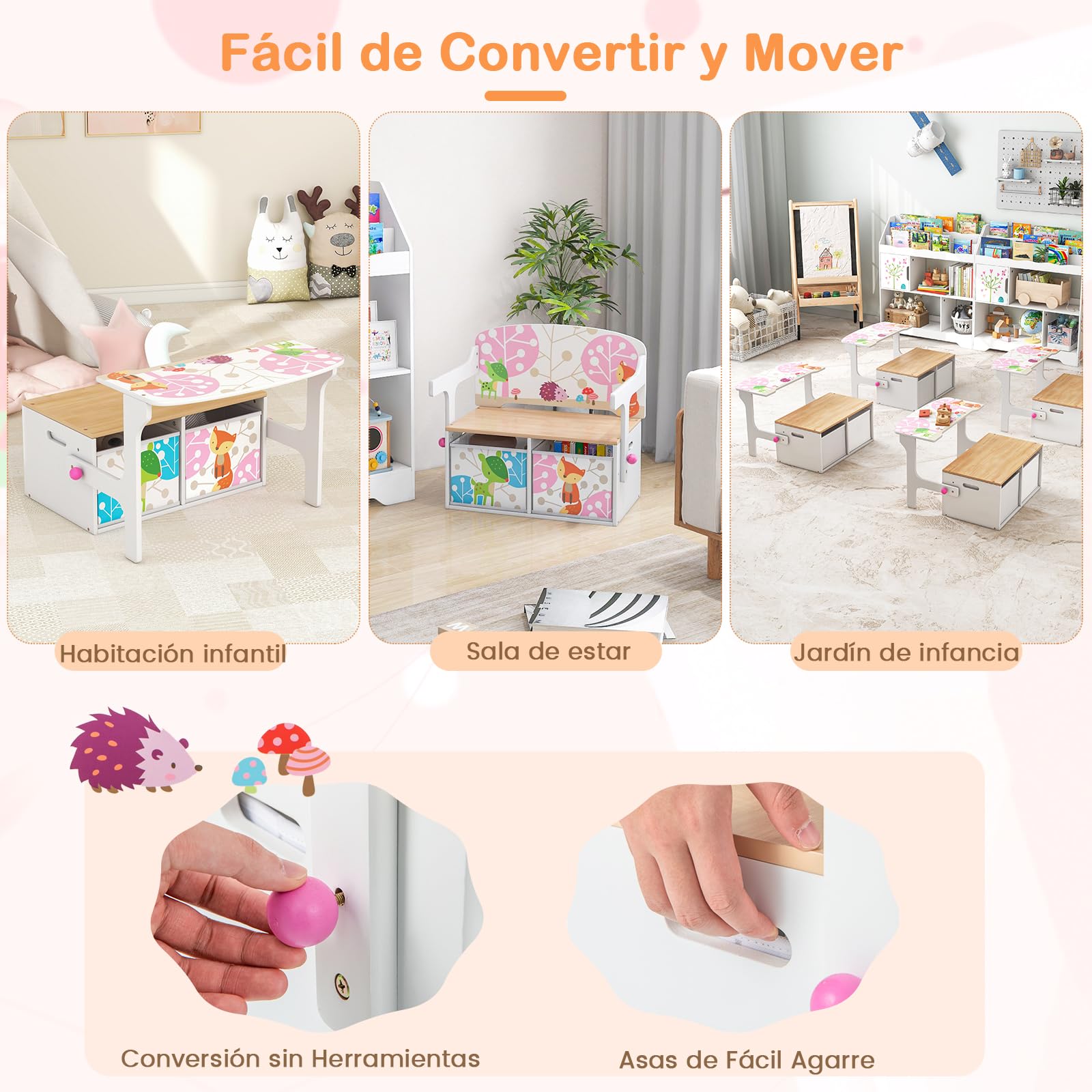 GOPLUS Mesa y Silla Infantil 3 en 1, Banco para Maletero para Juguetes de Madera con Tapa, Respaldo, Caja de Almacenamiento, Mesa de Actividades para Niños de 3 a 7 Años, para Dormitorios Guarderías