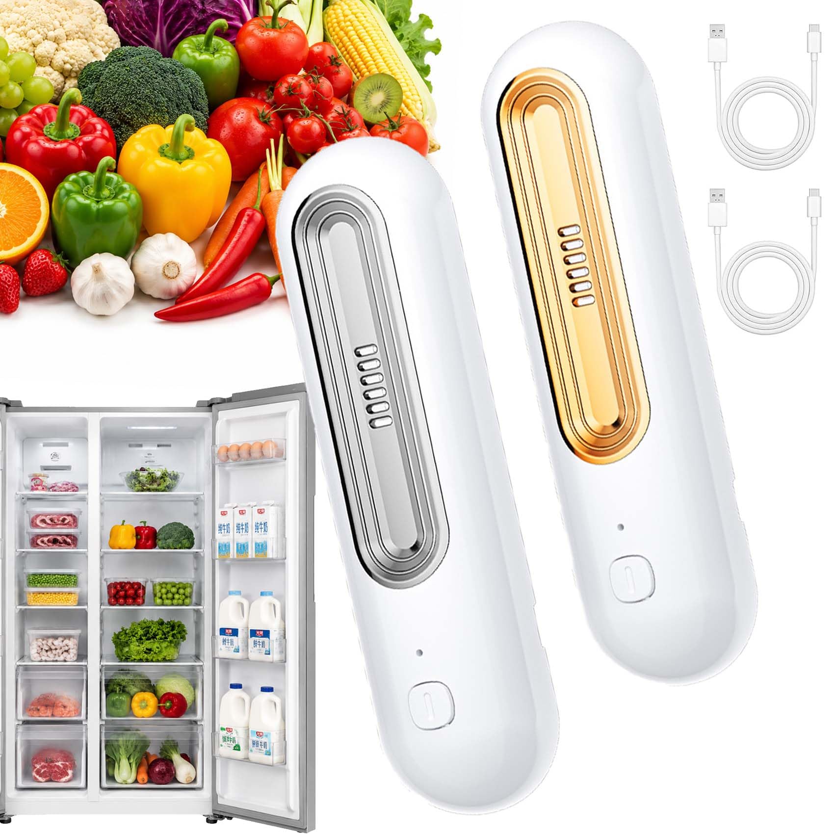 Ozoori KüHlschrank Deodorierer, 2026 Neu Ozoori Gegen Fruchtfliegen, Geruchsneutralisierer mit 2 Modi, Luftreiniger für KüHlschrank & Auto verwenden, Bedienen, Kompakt & Filterlos (Silber+Gold)