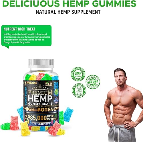 Vista 18 de Wellution- Gomitas de cáñamo 985,000 de alta potencia -gomitas de oso afrutadas con aceite de cáñamo Suplementos de caramelo de cáñamo natural